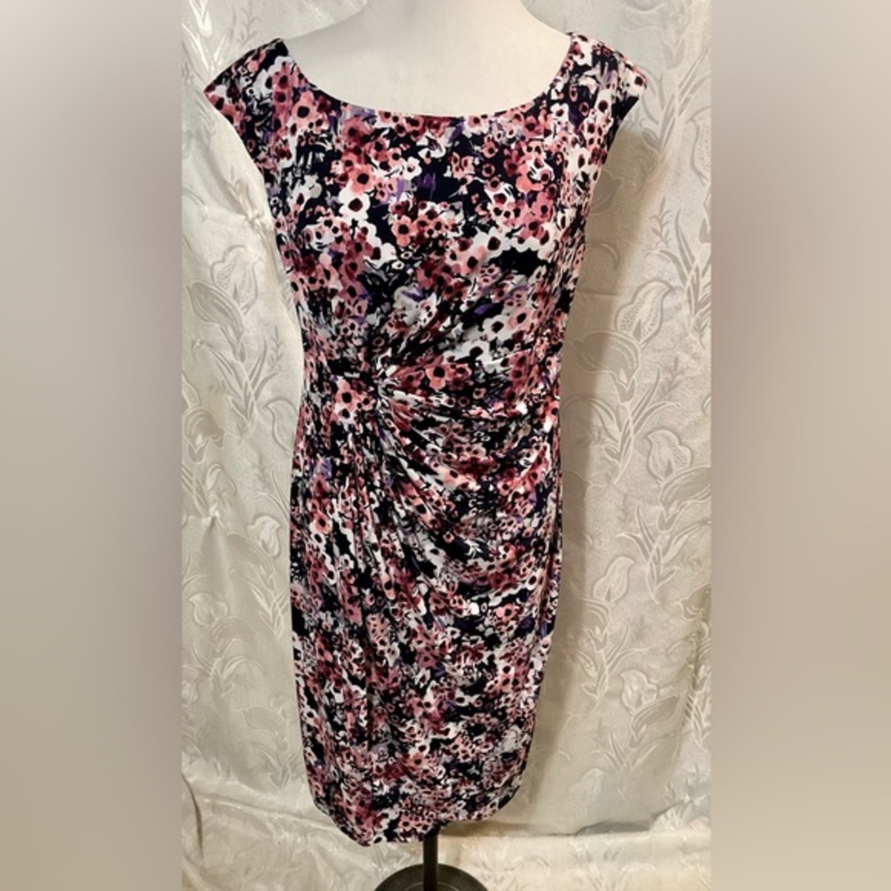 Connected Apparel Pink Black & White Floral Print Faux Wrap Dress